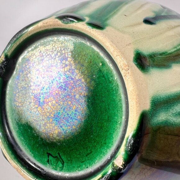 Antique Awaji Pottery Blue White Iris Green Pitcher Awaji Ware Glazed Japan - Picture 14 of 16